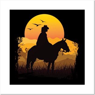 Cowgirl Riding Sun Retro Vintage T-Shirt Posters and Art